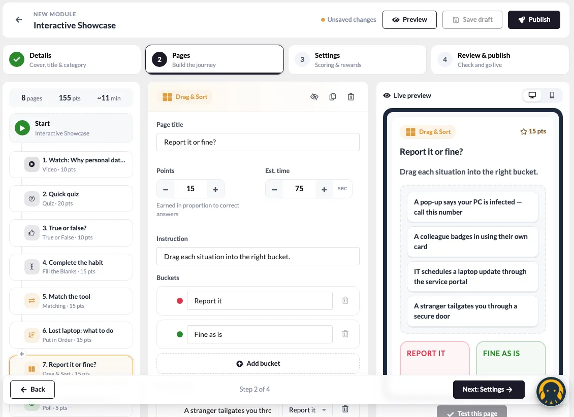 The Training Hub module builder with the page journey on the left, the page editor in the centre and a live preview on the right