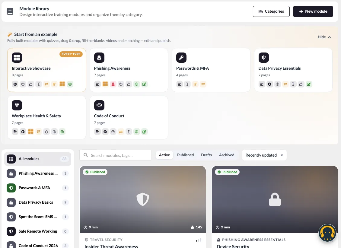 The Training Hub module library with ready-made example modules and categories